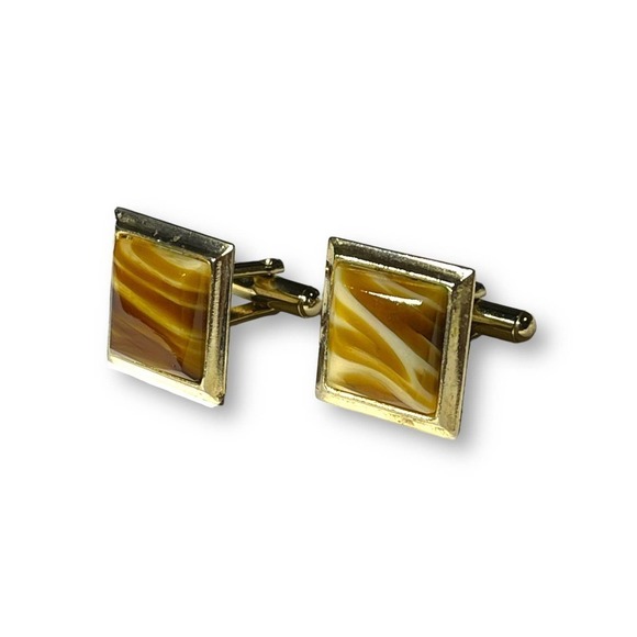Vintage Cufflinks Gold Tone Tiger Stripe Glass Unsigned - Picture 2 of 6